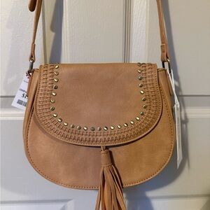 Metro Muse Tan Leather Crossbody Bag with Metallic Accents and Tassel